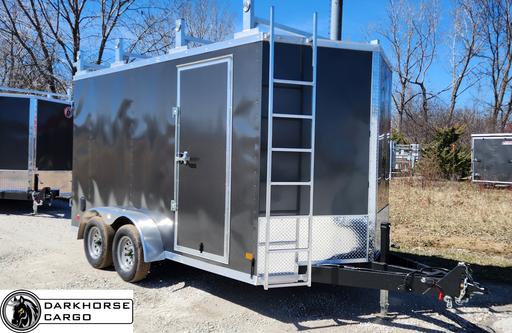 DarkHorse 7X14 Wedge Nose Tandem Axle Steel Contractor Cargo Trailer with Double Rear Doors, 12" Extra Height - 2500 Series - Charcoal